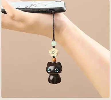 Подвеска на рюкзак с цепочкой для мобильного телефона в виде кошки из сандалового дерева One Size чёрный