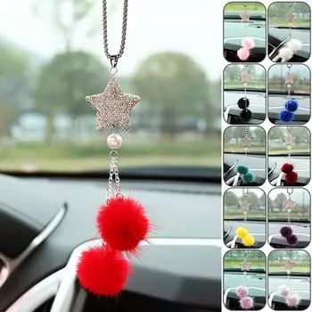 Подвеска на зеркало заднего вида автомобиля, модная подвеска с бриллиантами, звезда, норковый шарик для волос, украшение, женские аксессуары для салона автомобиля