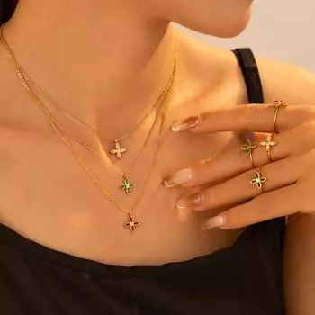 Подвеска Niche с четырьмя лепестками инкрустированного циркония, ожерелье на ключицу, открытое кольцо, покрытый титаном стальной 18-каратный настоящий золотой костюм для женщин