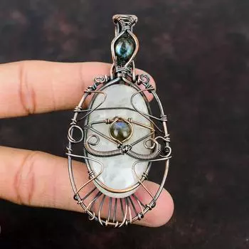 Подвеска от сглаза из лунного камня Медная проволока Кулон из медной проволоки Ювелирные изделия из медного лунного камня Дизайнерский кулон ручной работы Лабрадорит Ювелирные изделия от сглаза Подарки