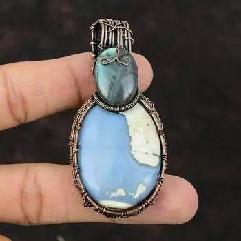 Подвеска Owyhee Blue Opal, подвеска из медной проволоки, подвеска ручной работы из драгоценного камня, лабрадорит, ювелирные изделия, подвеска из проволоки, медные украшения для подарка