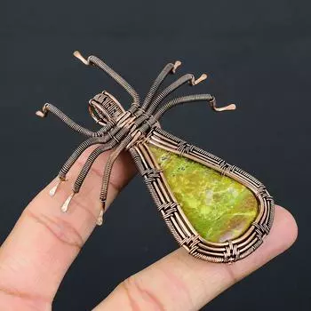 Подвеска-паук из медной проволоки ручной работы с натуральным зеленым опалом и драгоценным камнем 2,56 дюйма s9I97