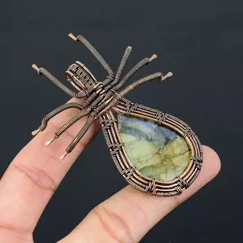 Подвеска-паук из медной проволоки ручной работы из натурального лабрадорита, 2,56 дюйма, A7Z94