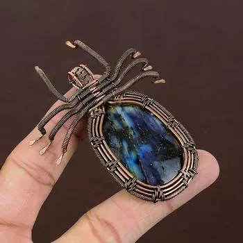 Подвеска-паук из медной проволоки ручной работы из натурального лабрадорита, 2,56 дюйма, E0V73