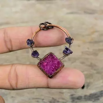 Подвеска Pink Druzy, гальванопластическая медная подвеска, африканский аметист, грубая подвеска, гальванопластическая бижутерия, подвеска из драгоценного камня ручной работы, подарок для него