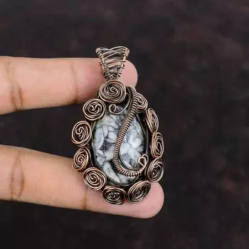 Подвеска Pinolith Jasper, подвеска из медной проволоки, подвеска из драгоценного камня, ручная работа, медные украшения, подарок для мамы, ювелирные изделия из проволоки, антикварный кулон