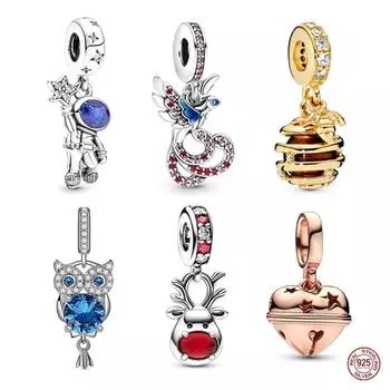 Подвеска подходит для браслета/ожерелья из стерлингового серебра 925 пробы, ювелирные изделия, очаровательная бусина-космонавт, сова, красный нос, олень