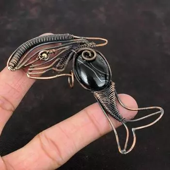 Подвеска Psilomelane, медная проволока, обернутая вручную, подвеска в виде рыбы, ювелирное изделие с проволочной оберткой, подвеска из натурального драгоценного камня, медное ювелирное изделие, подарок для мамы