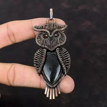 Подвеска Psilomelane, обернутая медной проволокой, подвеска из драгоценных камней Psilomelane, подвеска в виде совы для женщин, ручная работа, медная проволока, подарок для него