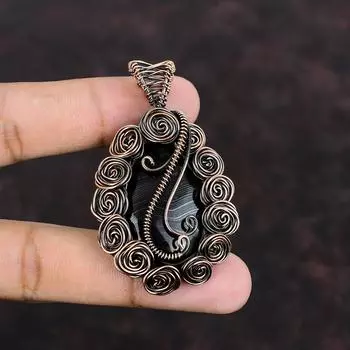 Подвеска Psilomelane, подвеска из медной проволоки, подвеска с драгоценным камнем, ювелирное изделие ручной работы, обернутое медной проволокой, свадебный подарок для нее, дизайнерская подвеска