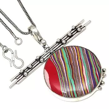 Подвеска Радужный Калсилика Драгоценный Камень Ручной Работы Антикварное Серебряное Украшение 1.75