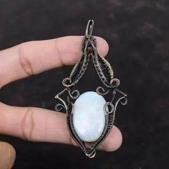 Подвеска Rainbow Moonstone, обернутая медной проволокой, дизайнерская бижутерия, подвеска из настоящего драгоценного камня, подарок для нее, подвеска ручной работы из меди, ювелирные изделия
