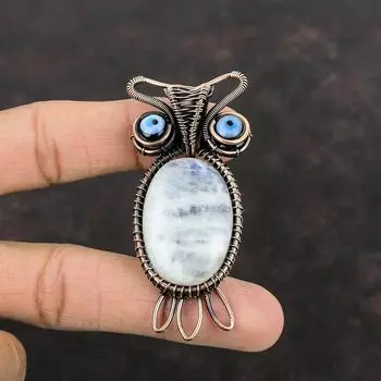 Подвеска Rainbow Moonstone, подвеска из драгоценного камня и меди, подвеска в виде совы, ювелирное изделие из черной проволоки от сглаза, ручная работа, ювелирное изделие из медной проволоки