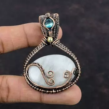 Подвеска Rainbow Moonstone, подвеска из медной проволоки, подвеска Swiss Blue Topaz, ручная работа, медные украшения, подарок для нее, подвеска из настоящего драгоценного камня
