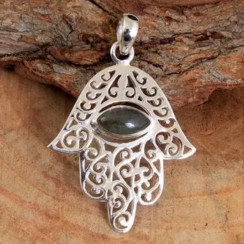 Подвеска Рейки, лабрадорит, подвеска из сердолика, подвеска в виде руки Хамса, серебряные украшения, украшения ручной работы синий