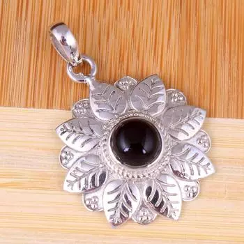 Подвеска Рейки, Подвеска из черного оникса, Серебряные украшения, Подвеска-лист, Подвеска с кристаллами