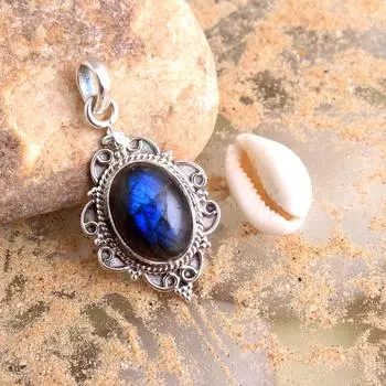 Подвеска Рейки, Подвеска из лабрадора, розового кварца, лунного камня, Ювелирные изделия ручной работы, Подвеска с кристаллами, Серебряные украшения синий