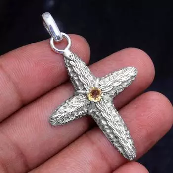 Подвеска Рейки, Подвеска с кристаллами, Ювелирные изделия ручной работы, Подвеска с крестом, Подвеска с цитрином, Ювелирные изделия из стерлингового серебра 925 пробы жёлтый