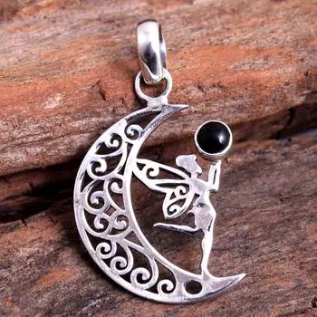 Подвеска Рейки, Подвеска с кристаллами, Ювелирные изделия с драгоценными камнями, Серебряная подвеска, Подвеска «Фея на Луне», Женские украшения, Подарки для нее чёрный