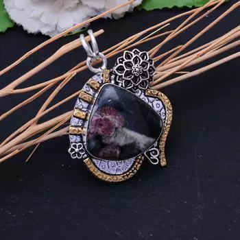 Подвеска Ruby Fuchsite Lab-Created из стерлингового серебра 925 пробы в двух тонах 2,1 дюйма Q1g27