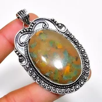 Подвеска ручной работы из бамбуковой яшмы с посеребренным камнем 925 пробы 2,27 дюйма 2.27 коричневый