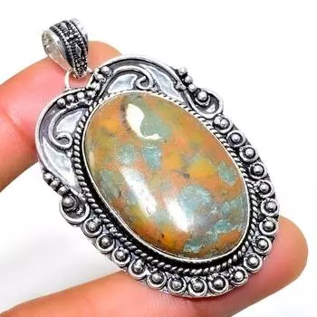 Подвеска ручной работы из бамбуковой яшмы с серебряным покрытием 925 пробы, 2,08 дюйма 2.08 коричневый