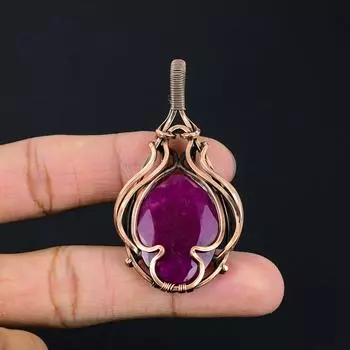 Подвеска ручной работы из чистой медной проволоки с рубином и драгоценным камнем, обернутая ювелирными изделиями в лаборатории 2.36 Inches розовый
