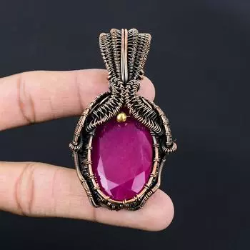 Подвеска ручной работы из чистой медной проволоки с рубином и драгоценным камнем, обернутая ювелирными изделиями в лаборатории 2.95 Inches розовый
