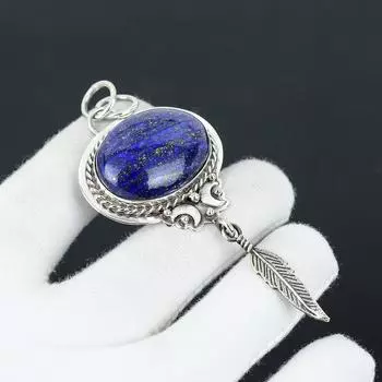Подвеска ручной работы из лазурита с подвеской в виде пера из стерлингового серебра 925 пробы — идеальный подарок на Рождество, Новый год или любой другой праздник для нее 2.75 синий