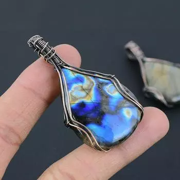 Подвеска ручной работы из медной проволоки из натурального лабрадорита длиной 2,48 дюйма Q2b39