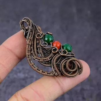 Подвеска ручной работы из медной проволоки из натурального зеленого нефрита и кораллового камня, длина 2,36 дюйма, V6b22