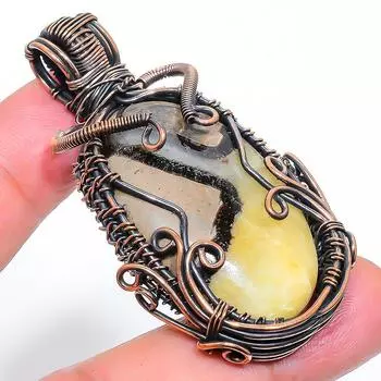 Подвеска ручной работы из медной проволоки из натурального септарского камня 2,36 дюйма T5b53