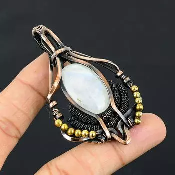 Подвеска ручной работы из медной проволоки из натурального радужного лунного камня 2,95 дюйма A3n59