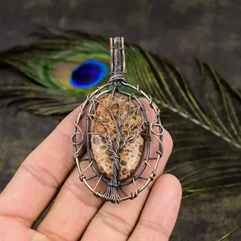 Подвеска ручной работы из медной проволоки из натуральной кожи леопарда, 3,35 дюйма, n1U71