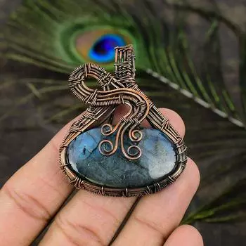 Подвеска ручной работы из медной проволоки из натурального лабрадорита длиной 2,25 дюйма a6f14