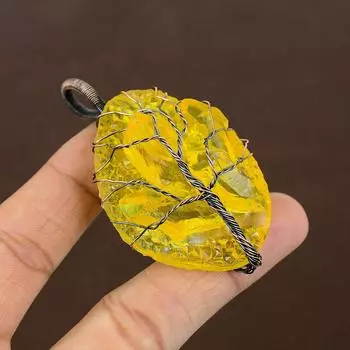 Подвеска ручной работы из медной проволоки из натурального желтого грубого хрусталя длиной 2,76 дюйма L2D45