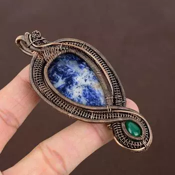 Подвеска ручной работы из медной проволоки из натурального содалита, зеленого оникса, 3,74 дюйма Q3E19