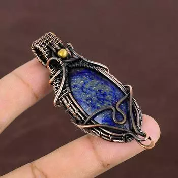 Подвеска ручной работы из медной проволоки из натурального лазурита, 2,8 дюйма, Y4z42