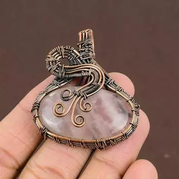 Подвеска ручной работы из медной проволоки из натурального розового кварца 2,17 дюйма n5B83