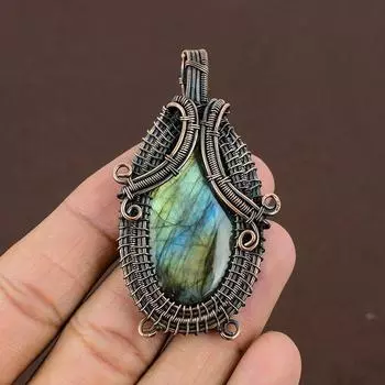 Подвеска ручной работы из медной проволоки из натурального лабрадорита длиной 2,68 дюйма b1V96