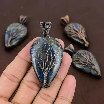 Подвеска ручной работы из медной проволоки из натурального лабрадорита длиной 2,60 дюйма c3Q02