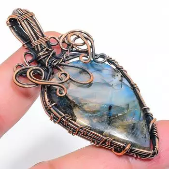 Подвеска ручной работы из медной проволоки из натурального лабрадорита длиной 2,84 дюйма o1t35