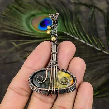 Подвеска ручной работы из медной проволоки с натуральным драгоценным камнем шмельная яшма 3,15 p3l14