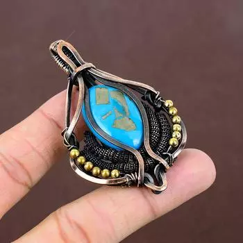 Подвеска ручной работы из медной проволоки с натуральным иранским драгоценным камнем Фироза 2,87 дюйма y8w78