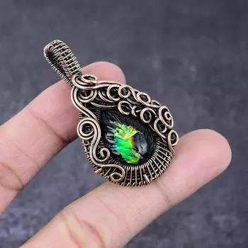 Подвеска ручной работы из медной проволоки с натуральным резным драгоценным камнем аммолит 2,2 дюйма j1V97