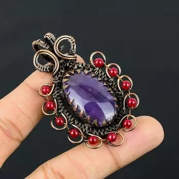 Подвеска ручной работы из медной проволоки с натуральным аметистом и гранатом, длина 2,56 дюйма, R3z27