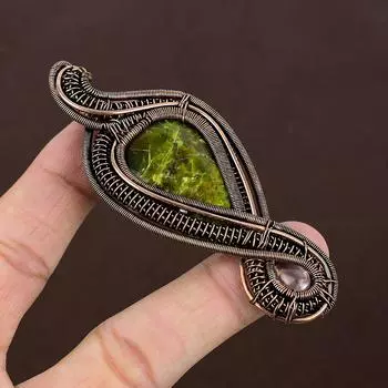 Подвеска ручной работы из медной проволоки с натуральным зеленым опалом и розовым кварцем, длина 3,54 дюйма, c5e24