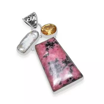 Подвеска ручной работы из натурального родонита с крошечным цитрином и жемчугом из стерлингового серебра 925 пробы для женщин и девочек