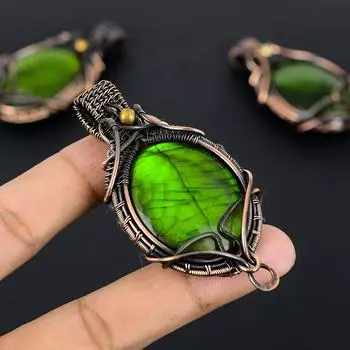 Подвеска ручной работы из натурального зеленого лабрадорита, обернутая медной проволокой, 2,8 дюйма, I7y61