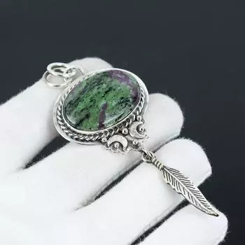 Подвеска ручной работы из рубина и цоизита с подвеской в виде пера из стерлингового серебра 925 пробы — идеальный подарок на Рождество, Новый год или любой другой праздник для нее 2.75 зелёный